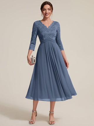 Three-Quarter Sleeve V-Neck Sheath Lace Trim Midi Wedding Guest Dresses