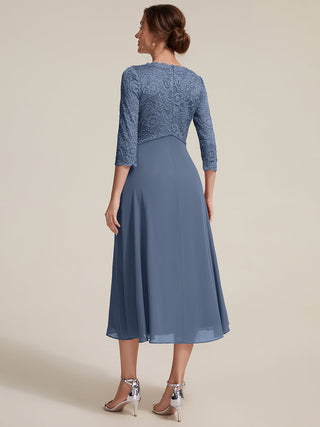 Three-Quarter Sleeve V-Neck Sheath Lace Trim Midi Wedding Guest Dresses