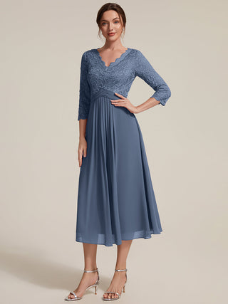 Three-Quarter Sleeve V-Neck Sheath Lace Trim Midi Wedding Guest Dresses