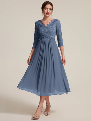 Three-Quarter Sleeve V-Neck Sheath Lace Trim Midi Wedding Guest Dresses