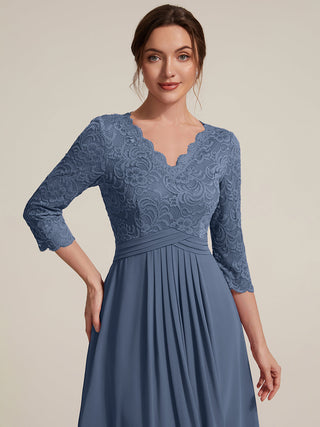 Three-Quarter Sleeve V-Neck Sheath Lace Trim Midi Wedding Guest Dresses