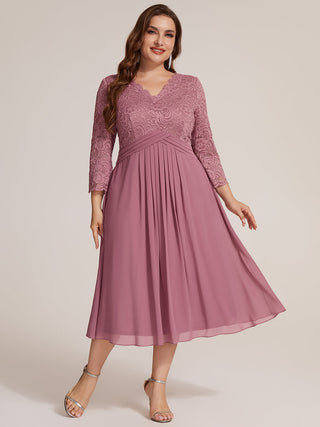 Three-Quarter Sleeve V-Neck Sheath Lace Trim Midi Wedding Guest Dresses