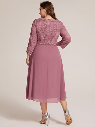 Three-Quarter Sleeve V-Neck Sheath Lace Trim Midi Wedding Guest Dresses