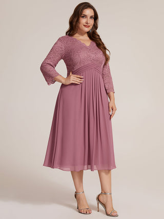 Three-Quarter Sleeve V-Neck Sheath Lace Trim Midi Wedding Guest Dresses