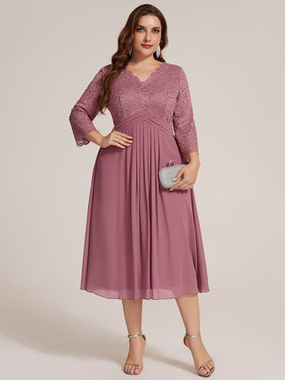 Three-Quarter Sleeve V-Neck Sheath Lace Trim Midi Wedding Guest Dresses