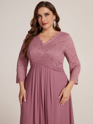 Three-Quarter Sleeve V-Neck Sheath Lace Trim Midi Wedding Guest Dresses