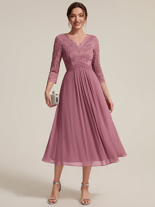 Three-Quarter Sleeve V-Neck Sheath Lace Trim Midi Wedding Guest Dresses