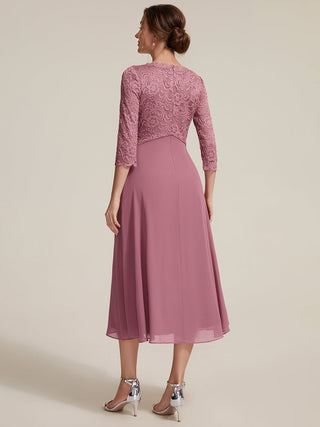 Three-Quarter Sleeve V-Neck Sheath Lace Trim Midi Wedding Guest Dresses
