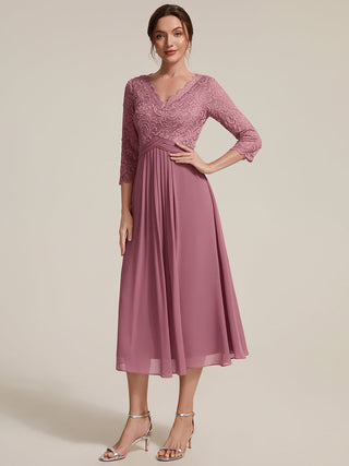 Three-Quarter Sleeve V-Neck Sheath Lace Trim Midi Wedding Guest Dresses