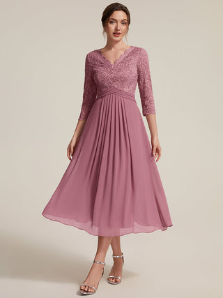 Three-Quarter Sleeve V-Neck Sheath Lace Trim Midi Wedding Guest Dresses