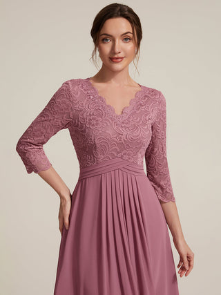 Three-Quarter Sleeve V-Neck Sheath Lace Trim Midi Wedding Guest Dresses