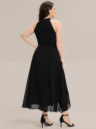 Sleeveless Halter Neck Gathered A-Line High-Low Wedding Guest Dresses