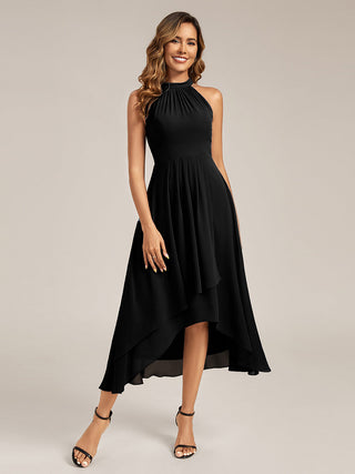 Sleeveless Halter Neck Gathered A-Line High-Low Wedding Guest Dresses