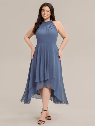 Sleeveless Halter Neck Gathered A-Line High-Low Wedding Guest Dresses