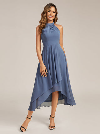 Sleeveless Halter Neck Gathered A-Line High-Low Wedding Guest Dresses