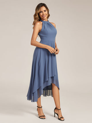 Sleeveless Halter Neck Gathered A-Line High-Low Wedding Guest Dresses