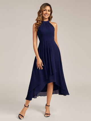 Sleeveless Halter Neck Gathered A-Line High-Low Wedding Guest Dresses