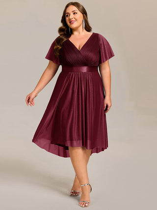 Plus Size Ruffle Sleeves Ruched Wedding Guest Glitter Asymmetric Hem Dress