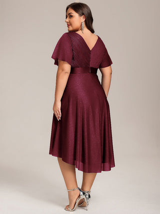 Plus Size Ruffle Sleeves Ruched Wedding Guest Glitter Asymmetric Hem Dress