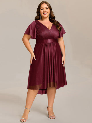 Plus Size Ruffle Sleeves Ruched Wedding Guest Glitter Asymmetric Hem Dress