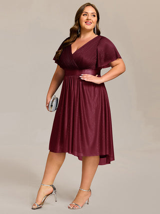 Plus Size Ruffle Sleeves Ruched Wedding Guest Glitter Asymmetric Hem Dress