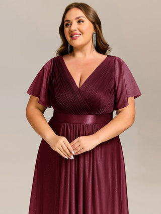 Plus Size Ruffle Sleeves Ruched Wedding Guest Glitter Asymmetric Hem Dress