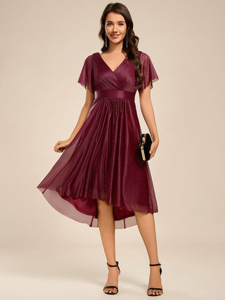 Elegant Ruffles Sleeve Pleated Wedding Guest Shimmer Dresses with Asymmetrical Hem