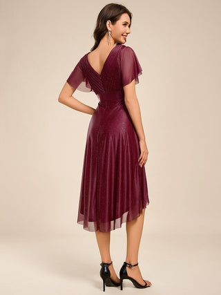Elegant Ruffles Sleeve Pleated Wedding Guest Shimmer Dresses with Asymmetrical Hem