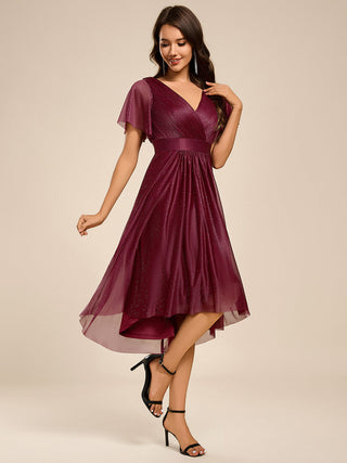Elegant Ruffles Sleeve Pleated Wedding Guest Shimmer Dresses with Asymmetrical Hem