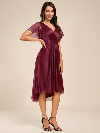 Elegant Ruffles Sleeve Pleated Wedding Guest Shimmer Dresses with Asymmetrical Hem