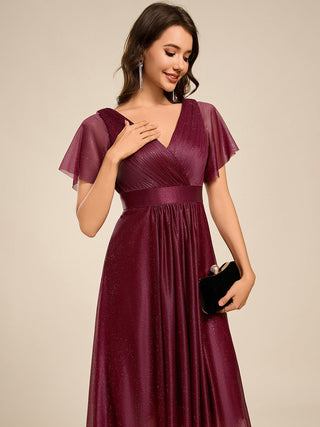 Elegant Ruffles Sleeve Pleated Wedding Guest Shimmer Dresses with Asymmetrical Hem