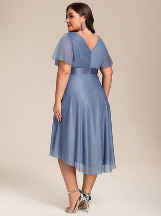 Plus Size Ruffle Sleeves Ruched Wedding Guest Glitter Asymmetric Hem Dress