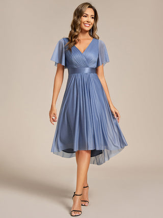 Elegant Ruffles Sleeve Pleated Wedding Guest Shimmer Dresses with Asymmetrical Hem