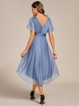 Elegant Ruffles Sleeve Pleated Wedding Guest Shimmer Dresses with Asymmetrical Hem