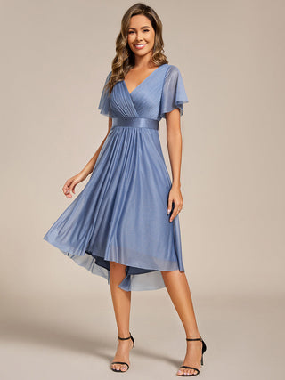 Elegant Ruffles Sleeve Pleated Wedding Guest Shimmer Dresses with Asymmetrical Hem