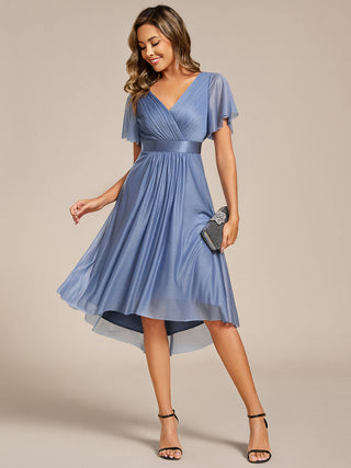 Elegant Ruffles Sleeve Pleated Wedding Guest Shimmer Dresses with Asymmetrical Hem