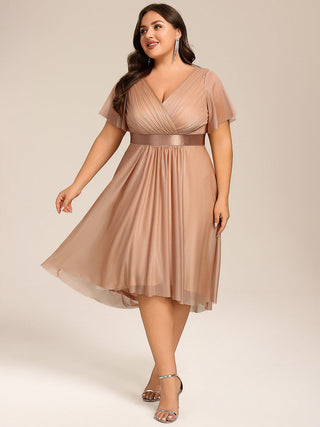 Plus Size Ruffle Sleeves Ruched Wedding Guest Glitter Asymmetric Hem Dress