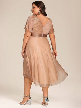 Plus Size Ruffle Sleeves Ruched Wedding Guest Glitter Asymmetric Hem Dress