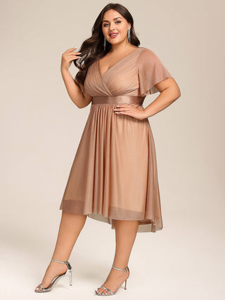 Plus Size Ruffle Sleeves Ruched Wedding Guest Glitter Asymmetric Hem Dress