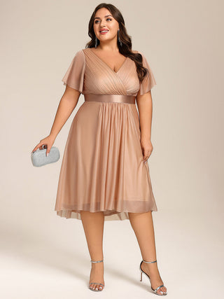 Plus Size Ruffle Sleeves Ruched Wedding Guest Glitter Asymmetric Hem Dress