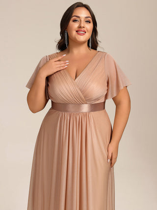 Plus Size Ruffle Sleeves Ruched Wedding Guest Glitter Asymmetric Hem Dress
