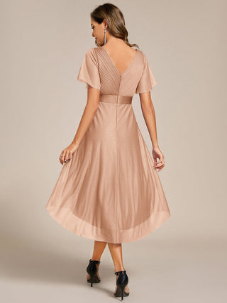 Elegant Ruffles Sleeve Pleated Wedding Guest Shimmer Dresses with Asymmetrical Hem