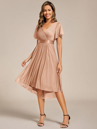 Elegant Ruffles Sleeve Pleated Wedding Guest Shimmer Dresses with Asymmetrical Hem
