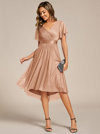 Elegant Ruffles Sleeve Pleated Wedding Guest Shimmer Dresses with Asymmetrical Hem
