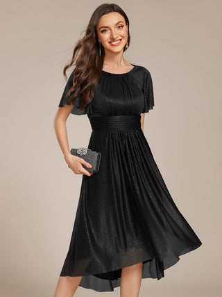 Short Sleeves Pleated Ruffle Round Neck Asymmetrical Midi Wedding Guest Dress