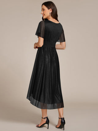 Short Sleeves Pleated Ruffle Round Neck Asymmetrical Midi Wedding Guest Dress