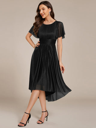 Short Sleeves Pleated Ruffle Round Neck Asymmetrical Midi Wedding Guest Dress