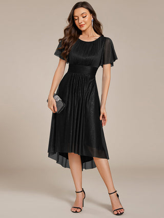 Short Sleeves Pleated Ruffle Round Neck Asymmetrical Midi Wedding Guest Dress