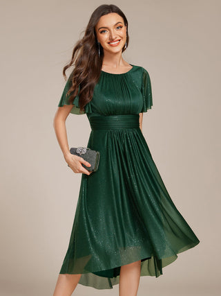 Short Sleeves Pleated Ruffle Round Neck Asymmetrical Midi Wedding Guest Dress
