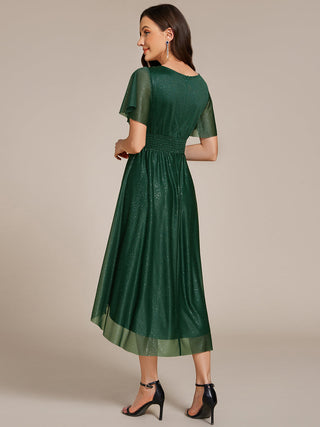 Short Sleeves Pleated Ruffle Round Neck Asymmetrical Midi Wedding Guest Dress